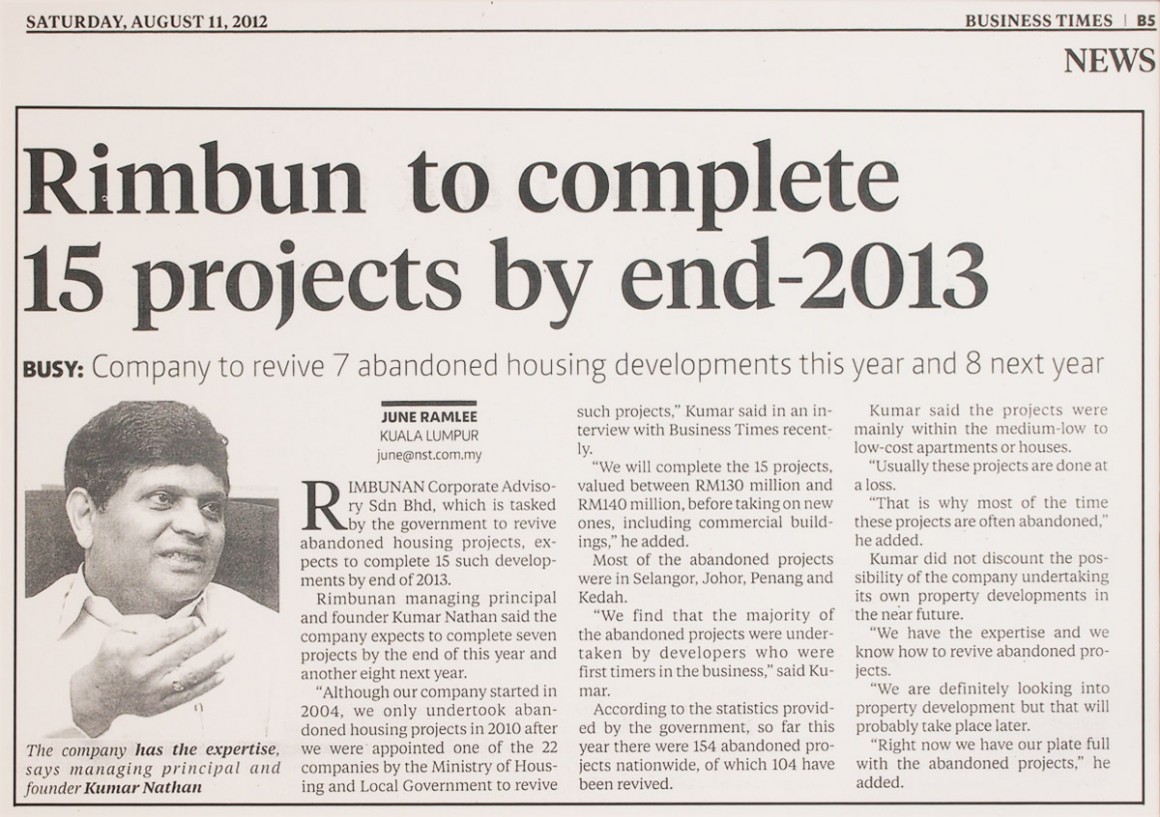rimbun to complete 15 projects by end 2013